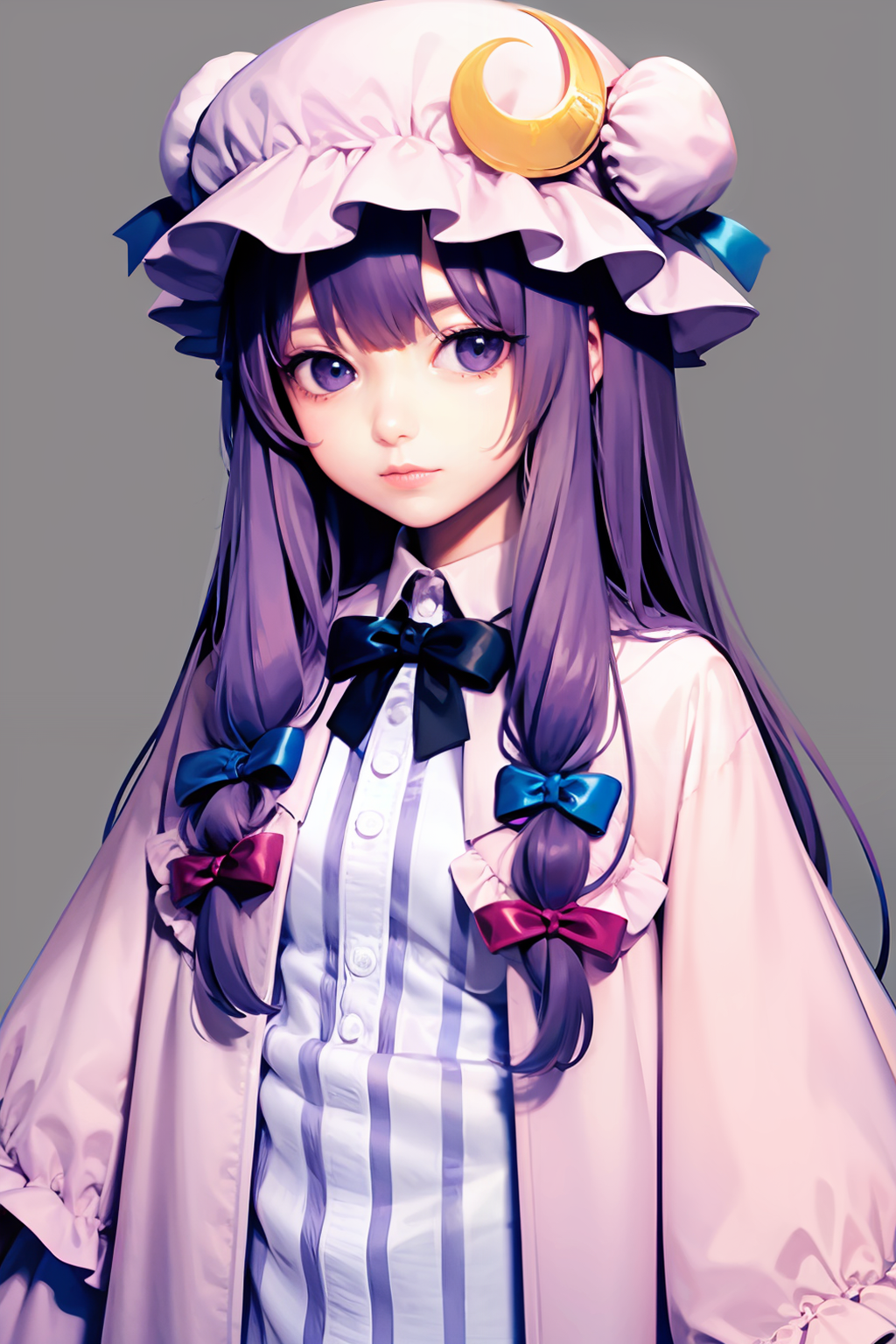 01223-2086576367-masterpiece, best quality,_lora_patchouli_1_,1girl,solo,patchouli knowledge, purple hair,purple eyes,grey background,.png